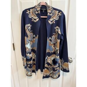 Susan Graver Weekend L Open Jacquard Duster Cardigan Stand Collar Blue Tan